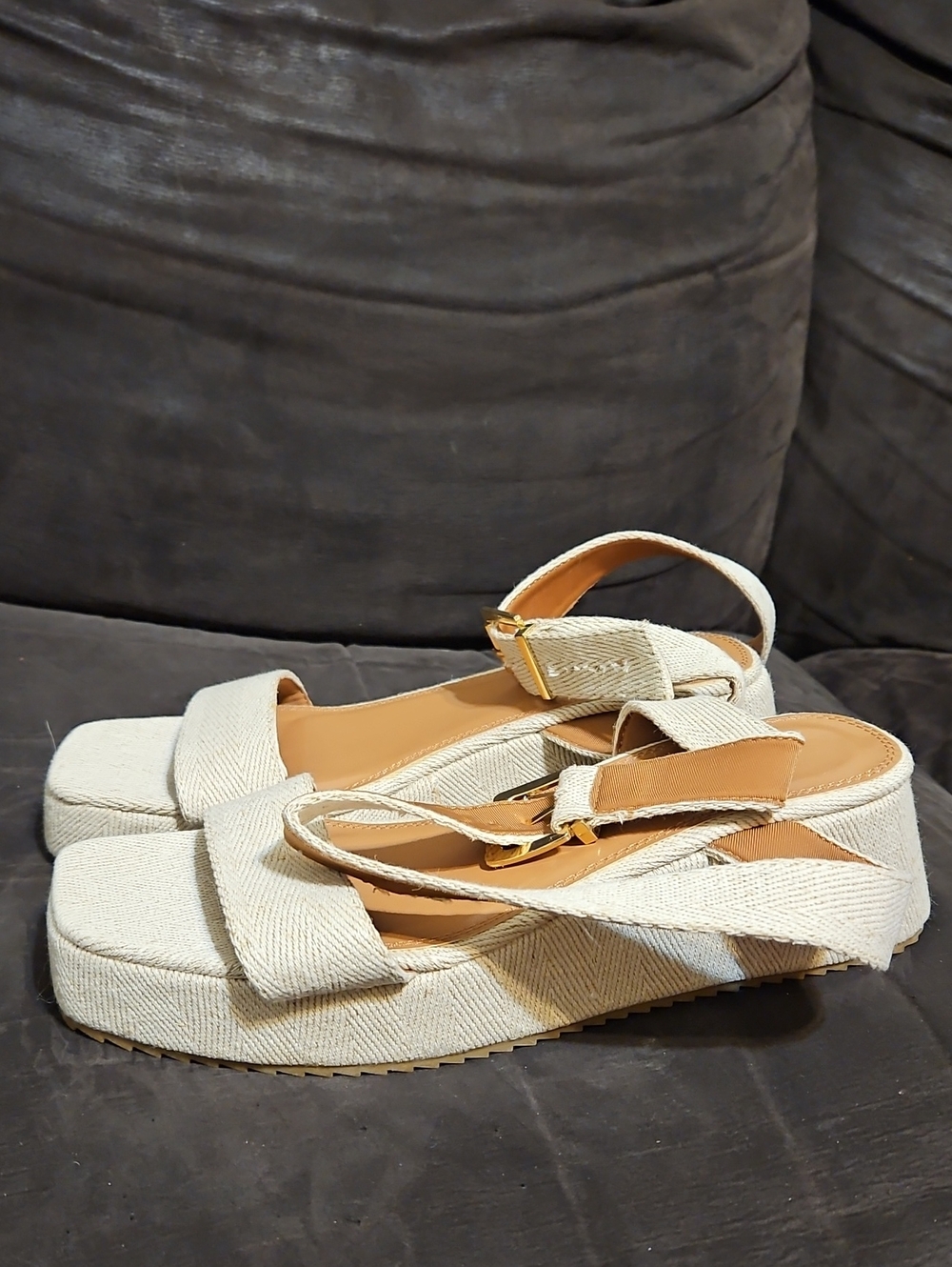 ASOS Cream Textured Platform Sandals with Gold Buckle
